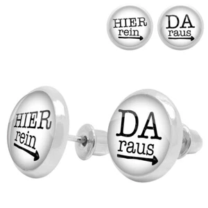 Ohrstecker "HIER rein - DA raus" Ohrschmuck Ohrringe Capochon weiß schwarz - Picture 1 of 4
