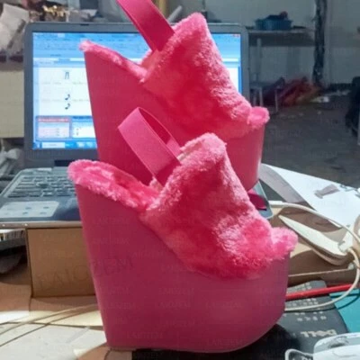 Women Sandals Platform Wedges 20CM Slingbacks Faux Fur Fulffy Party Shoes Woman - Image 1 of 4