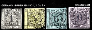 BADEN 1851 SC 1, 2, 3a y 4 1kr, 3kr, 6kr y 9kr IMPERFORADO FINO/MUY FINO - Imagen 1 de 2