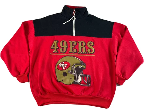 Vintage 80s 90s Red Black San Francisco 49ers 1/4 Zip Colorblock Sweater Sz M/L Cover
