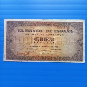 SPAIN P-113a BILLETE 100 PESETAS 1938 BURGOS CIRCULADO SERIE D 6543726 - Imagen 1 de 2