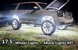 JHB 17.5" QUAD ROW PURE WHITE LED Wheel Rings Rim Lights +4 Rock Lights 8PCS KIT - Picture 1 of 11