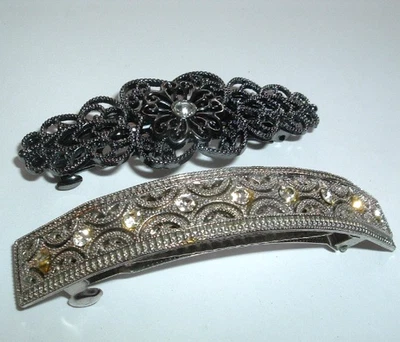 2 VINTAGE BLACK AND WHITE RHINESTONE SILVERTONE HAIR BARRETTES - Image 1 of 3