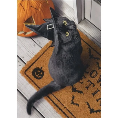 AVANTI PRESS Black Cat in Witch Hat Looking Up From Festive Orange Door Mat Halloween Card