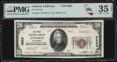 Antioch, CA $20 1929 T2 Fr. 1802-2. First NB Charter #9892 PMG Choice VF 35 EPQ - Image 1 of 2