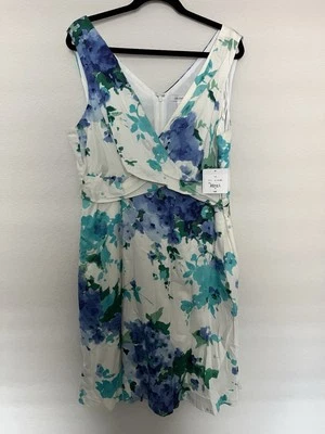 Liz Claiborne Dress Size 16 NWT White Blue Floral Knee Length Sleeveless V-Neck - Image 1 of 4