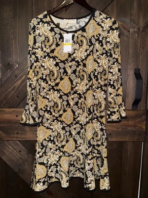 Michael Kors NUEVO Vestido Para Mujer Mediano M Negro Caléndula Manga Larga Paisley Shift Foto 1 de 4