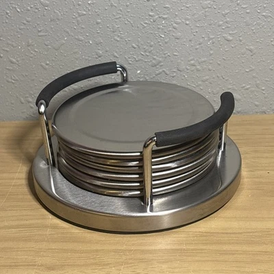 6 件套不锈钢银色杯垫套装带支架 — 第 1/4 张图片