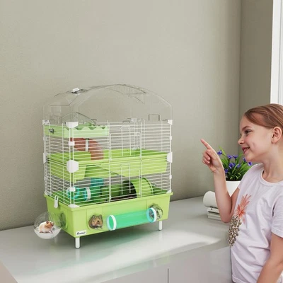 PAWHUT 3-Tier Hamster Cage, Hamster Habitat with Transparent Top and Accessories, Green