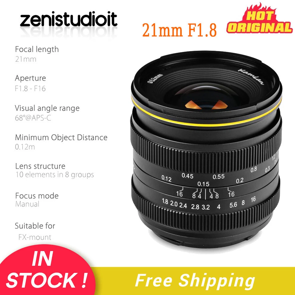 US KamLan 21mm F1.8 APS-C Wide-Angle Manual Focus Lens For Fujifilm FX Mount - Image 1 of 4