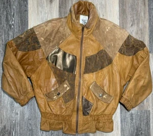 John Weitz Vintage 80’s Brown Gold Flake Leather Bomber Jacket Women's Small - Picture 1 of 12