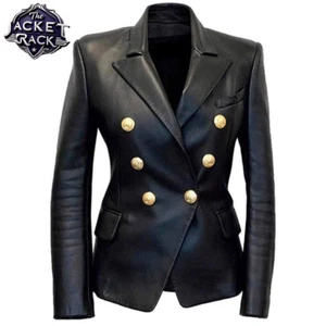 Women's Kim Kardashian Double Breasted Slim Fit Black Real Leather Jacket Blazer - Picture 1 of 9