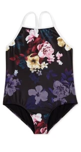 🩱Girls Floral Cropped Long Sleeve MEDIUM (7-8) Rashguard & Swimsuit 1pc New S1 - Picture 1 of 6