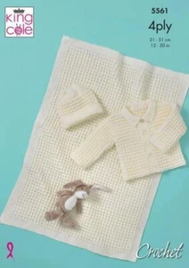 King Cole 4ply Häkeln Muster Baby Junge Und Mädchen Jacke Mütze Und Decke 5561 - Bild 1 von 2