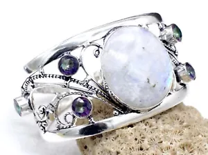 925 Sterling Silver Moonstone & Topaz Gemstone Jewelry Cuff Bracelet Size-ADJ - Picture 1 of 7
