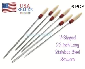6pc BBQ Grilling Barbecue Skewers Stainless Steel V-Shaped 22" Long Kebob Needle - Picture 1 of 5