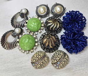6 Pr Large Vintage Clip Earrings Rhinestone Pearl Beaded Glass Lucite - Picture 1 of 8