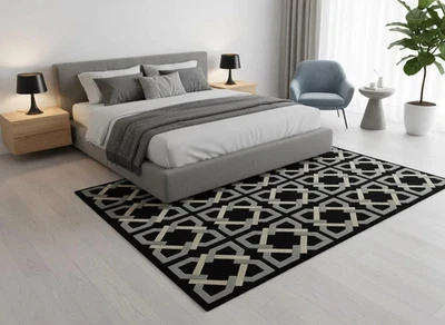 Hand Tufted Wool Rug-Luxury Modern Black & Grey Lattice Pattern Carpet-Interlock - Image 1 of 4