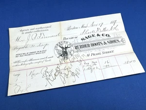 1887 Billhead Receipt SAGE & Co. - JOBBERS of Rubber Boots & Shoes - Boston, MA - Picture 1 of 7