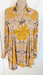 Free People Field of Butterflies Tunic Top/Mini Dress XS Gold/Mustard Boho Silky - Picture 1 of 12