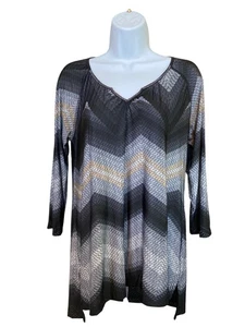 Oneworld Boho Tunic Top M Black Gray Sheer Chevron 3/4 Sleeve Y2K Indie Retro - Picture 1 of 9