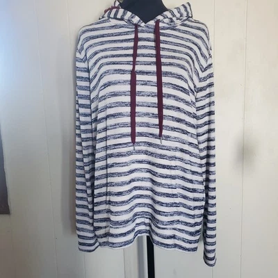 Market & Spruce Pullover Striped Hooded Sweatshirt Pouch Pocket White & Blue L - Image 1 of 4