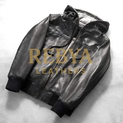 Chaqueta de bombardero de cuero con capucha negra para hombre - Abrigo informal estilo motocicleta Foto 1 de 4