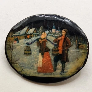 Vtg Folk Art Paper Mache' Brooch Russian Laqured 1.75"× 1.5" - Picture 1 of 5