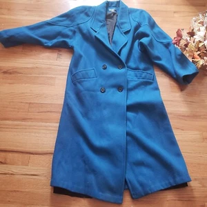 Vintage women's wool Double-Breasted coat 80s Micki! Blue Long Coat USA Sz 10 - Picture 1 of 17