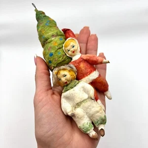 1960 Christmas New Year Vintage Handmade Paper Mache Doll Toy Boy and Girl, Tree - Picture 1 of 7