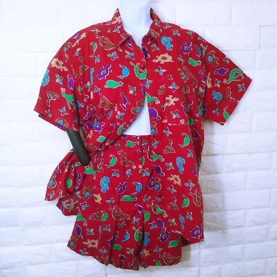 Vintage 80s 2-pc Set Hunt Club Shirt Blouse Shorts L Pockets Novelty Graphic Red - Image 1 of 4