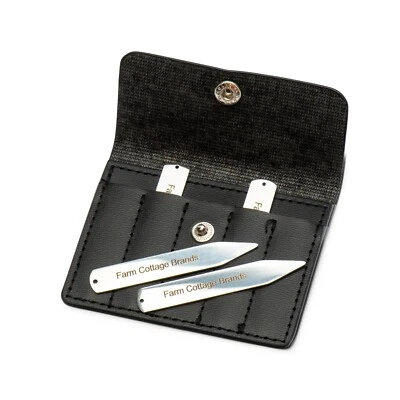 FARM COTTAGE BRANDS 4 stainless steel shirt collar stiffeners / stays in a handy leather wallet