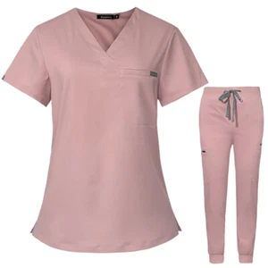 Stretch Jogger Scrub Sets Medical Uniforms V-Neck 1-pocket Top Pant W/8-pocket - Picture 1 of 27