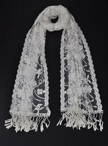 W34 Gentle Cotton Yarn Lady's Long Scarf Shawl Embroidery Flower Lace IVORY - Picture 1 of 6