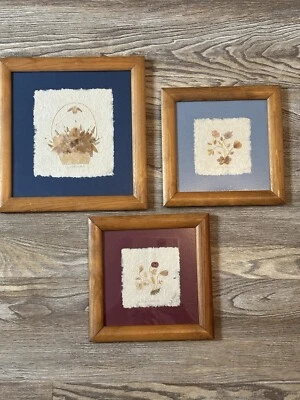 3 Paper Collage with dried Wildflowers signed Framed Hand made Paper Art - Image 1 of 4