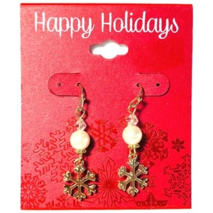 DaneCraft Holiday Snowflake Earrings Gold Tone Faux Pearl Winter Retired New - Picture 1 of 3