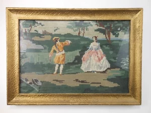 Antique Framed Needlepoint Man Courting Lover Gilded Frame - Picture 1 of 8