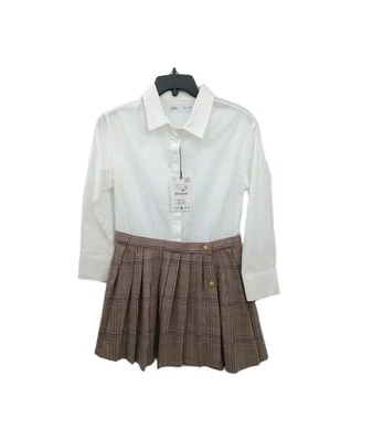 Zara Girls Long Sleeve Shirtdress Plaid Collared Buttons Cream Brown 11/12 NEW - Image 1 of 4