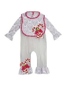 Counting Daisies Gray Red Candy Cane Long Romper and Bib Set  9 Months - Picture 1 of 1