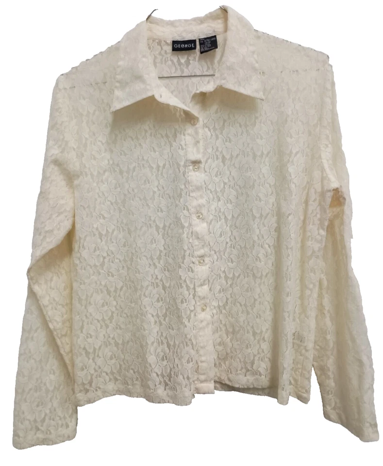 Винтажный 90-х George Топ женщин XL кремовый цветочный кружева длинным рукавом чистый фея романтический - Изображение 1 из 4