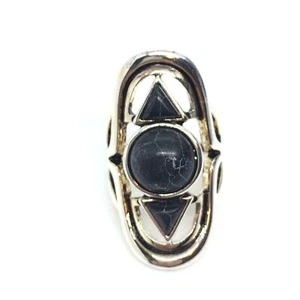 NEW PREMIERE DESIGNS RING LONG BLACK DYED HOWLITE GEOMETRIC GEO SILVER TONE 5.5 - Picture 1 of 12