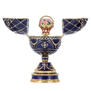Fabergé Ei Spieluhr Schmuckkästchen mit Korb der Blumen 17 cm blau - Bild 1 von 8