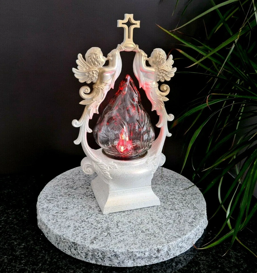Grablaterne Sockel Grablampe Lampe Grableuchte Grablicht Weiß-Gold  Engel Kerze - Bild 1 von 1