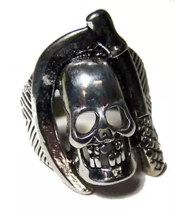 ANILLO DE MOTOCICLISTA DE LUJO CABEZA DE CALAVERA CON HOZ #BR05 PARA HOMBRE MUJER joyería CALAVERAS PLATEADAS - Imagen 1 de 1