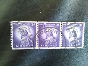 U S A LINE OF 3 USED STAMPS 1954 STATUE OF LIBERTY  3 CENTS VIOLET PHOENIX C D S
