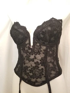Vintage Frederick's Of Hollywood Schwarz Spitze Bügel Korsett Bustier Long Line 36B - Bild 1 von 10