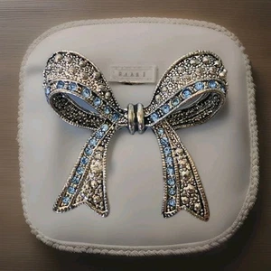 Silver Toned Baby Blue Rhinestone Bow Brooch Statement Piece Large 1.5" Ribbon - Picture 1 of 4