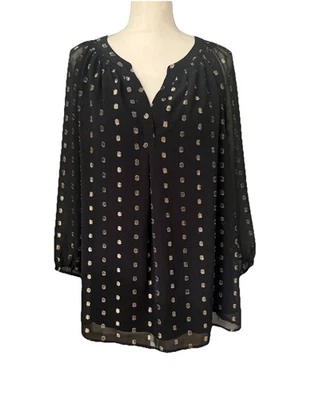 Top Crown & Ivy Curvy Talla 3X Negro Metálico Lunares Suizos Manga 3/4 Globo Cuello en V Foto 1 de 4