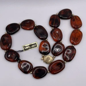 New Chunky Vintage Brown Amber Gold Beaded Lucite Celluloid Necklace MCM 70s - Picture 1 of 10