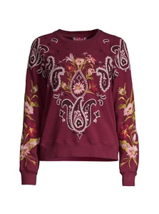 Johnny Was Wendy Raglan Embroidered Sweatshirt S Paisley Floral Red Sweater Top - Picture 1 of 6